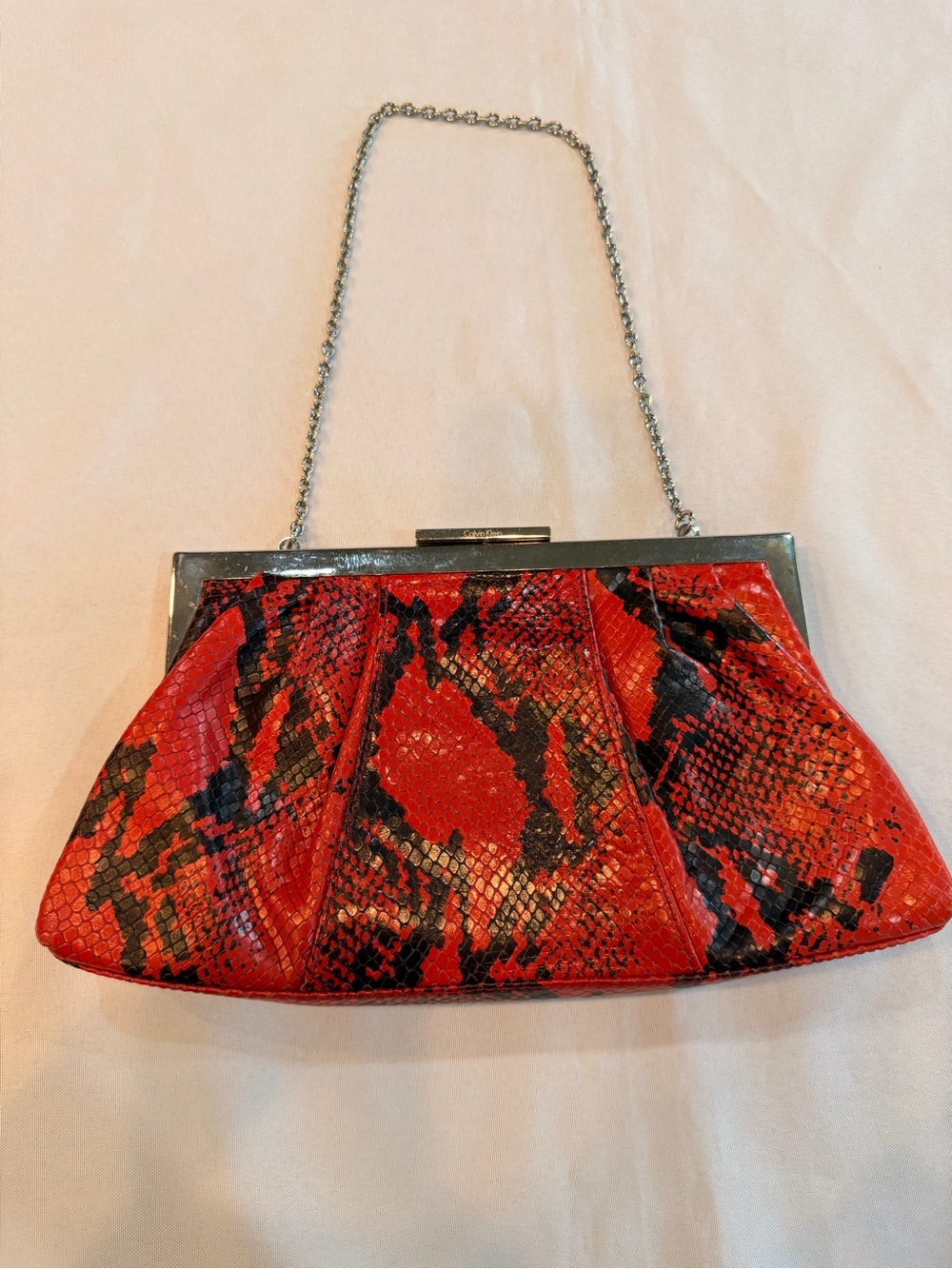 Calvin Klein Red and Black Snakeskin-Pattern Silver Chain Clutch